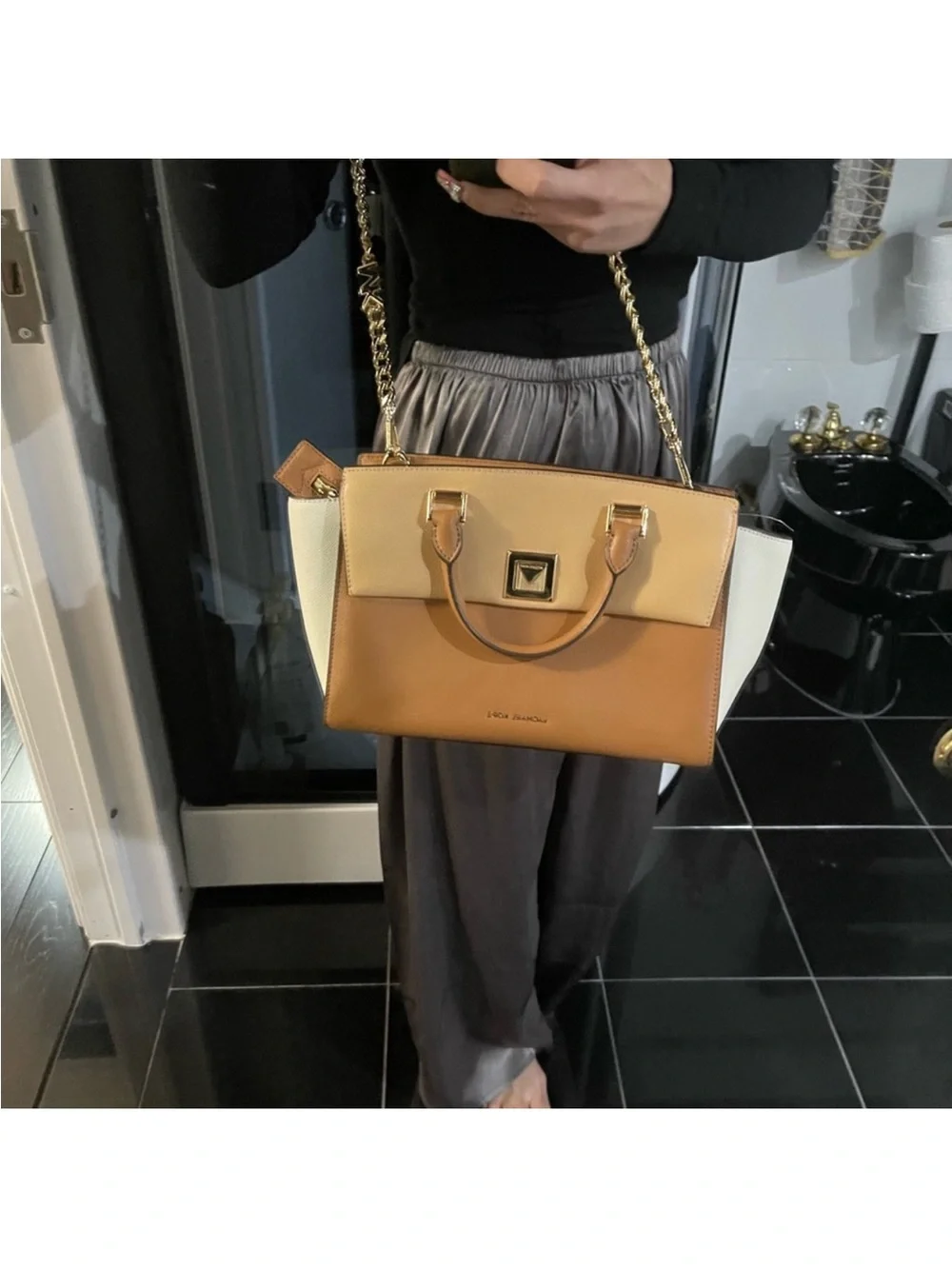 Michael Kors Sylvia Medium Tri-Color Crossgrain Leather Satchel